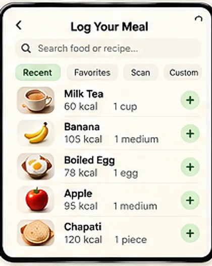 Log your meal screen with a food search box, recent, favourites, scan and custom filters, and quick rows for milk tea, banana, boiled egg, apple and chapati