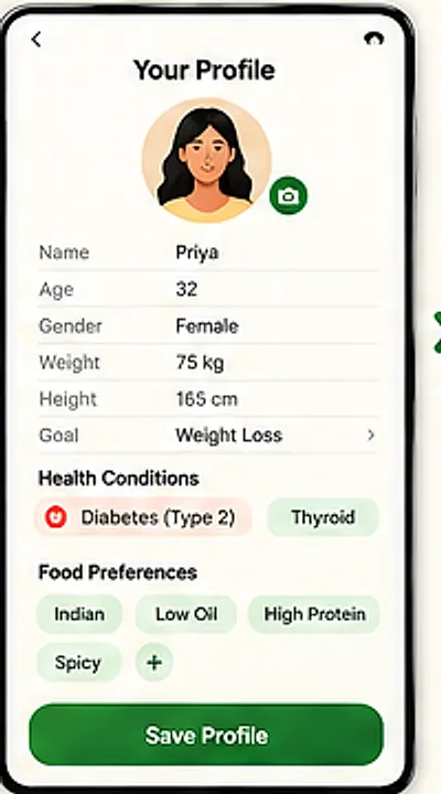 Profile setup screen showing name, age, gender, weight, height, goal weight loss, a diabetes type 2 health condition and Indian, low oil, high protein food preferences