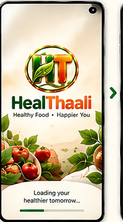 HealThaali splash screen with the HT leaf monogram and the tagline Healthy Food, Happier You